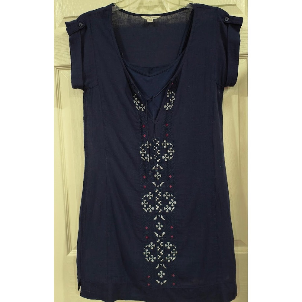 American Eagle Navy Blue Embroidered Boho Shift Mini Dress Womens XS Epaulets
